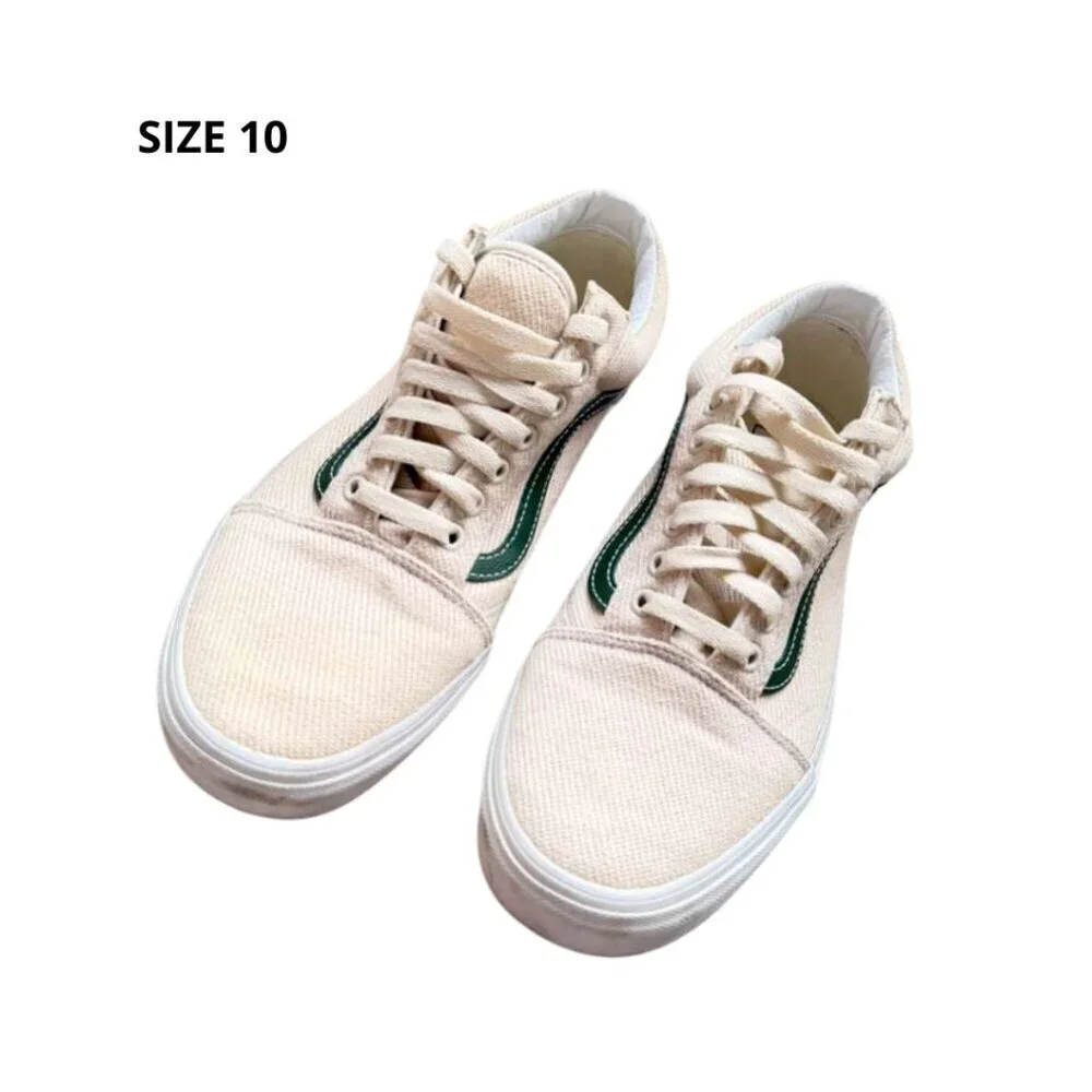 Vans Old Skool Beige Canvas Sneakers with Green Stripe – Size 10